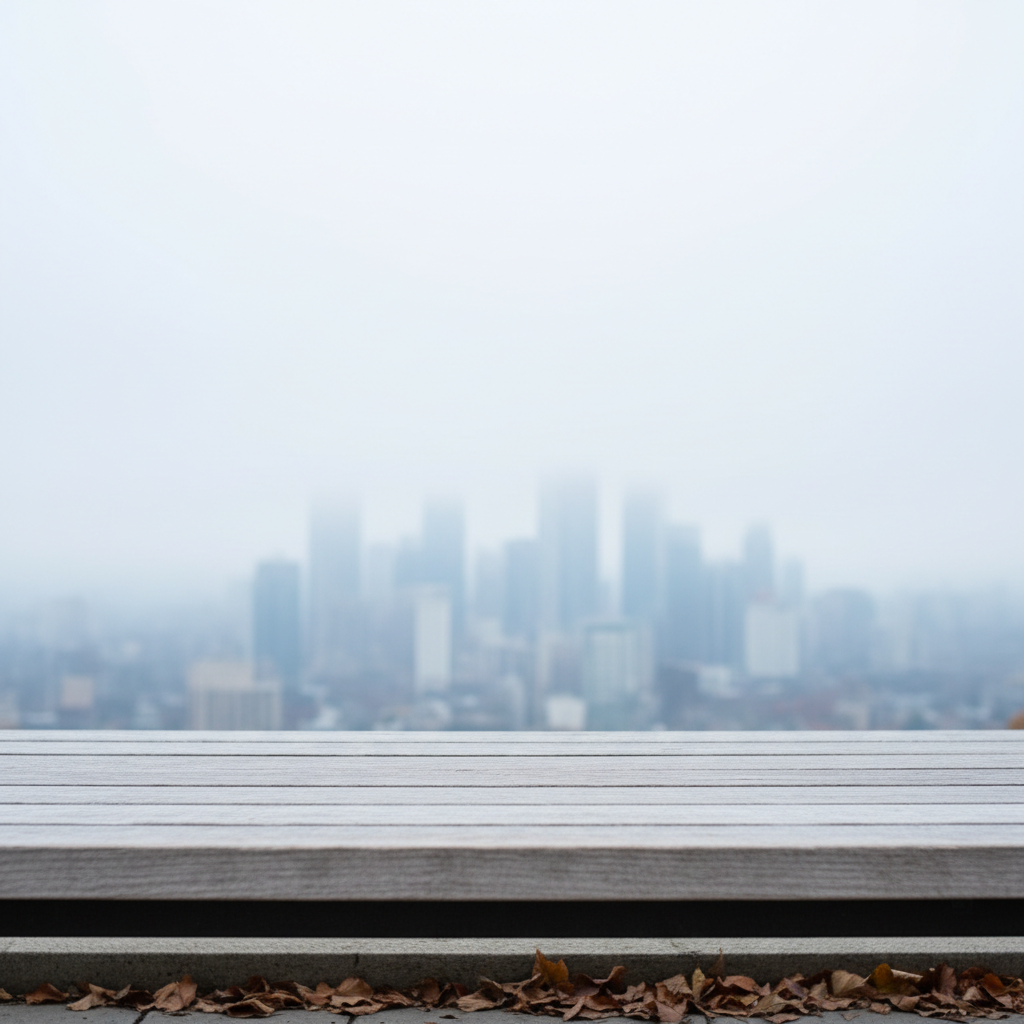 A long, weathered wooden platform bench stretching along the edge of a quiet urban overlook, its grain worn smooth and pale from years of use. The bench faces a softly blurred city skyline in the distance, half veiled by early morning mist. Cool, diffused overcast light flattens harsh shadows, creating a gentle, contemplative atmosphere. Fallen leaves in muted browns and ochres collect at the bench’s base, hinting at a season of change. Photographed at eye level with the bench anchored on the lower third, the background softly out of focus, in clean, photographic realism. The scene feels like an invitation to pause, sit in transition, and look out over an unknown but slowly clarifying future.