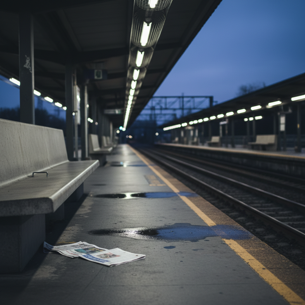 An empty train platform at dusk, with a long concrete bench running parallel to the tracks. The platform is clean but unadorned, with faded yellow safety lines and a few scattered, folded newspapers left behind. Overhead, dim fluorescent lights flicker faintly, blending with the last cool blue of the evening sky beyond the open sides. No train is visible; the tracks disappear into soft darkness at the frame’s edge. Captured from a low, diagonal angle along the bench, the lines of bench and track draw the eye toward the vanishing point. The photographic realism emphasizes subtle reflections in small puddles on the ground. The mood evokes an in-between moment: waiting, uncertainty, and the quiet clarity that comes when nothing is moving yet.