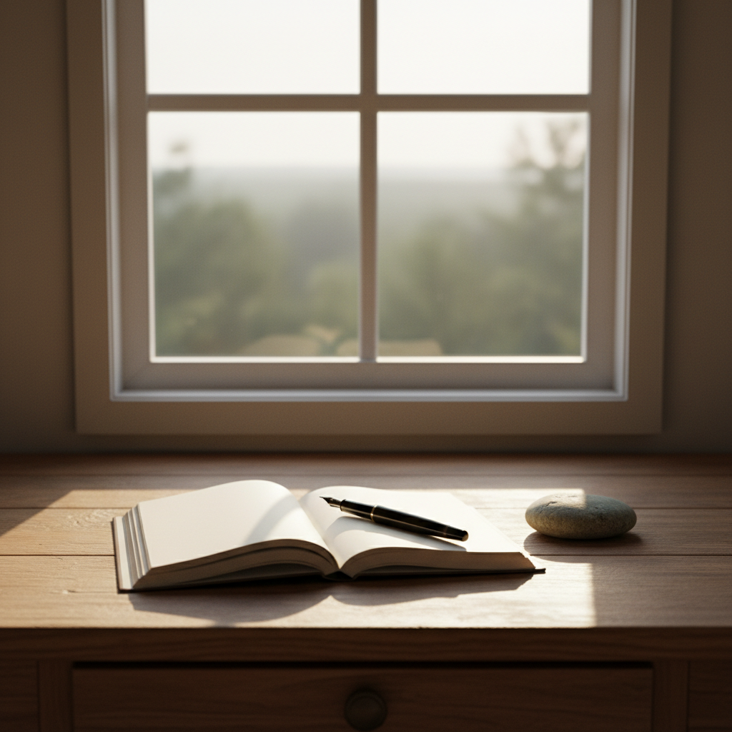 A simple wooden writing desk placed in front of a large, single-pane window in a small, spare room. On the desk lies an open, blank notebook with creamy pages, a weighty fountain pen resting diagonally across the center fold, and a single smooth river stone used as a paperweight. Outside the window, distant treetops blur into soft greens and grays under gentle late-afternoon light. The natural light pours in, creating a bright rectangle across the wood grain and delicate shadows from the pen and stone. Shot from a slightly elevated angle with shallow depth of field, the focus stays on the empty page. The mood is quiet, thoughtful, and dignified, suggesting the beginning of a new vocation or life chapter.